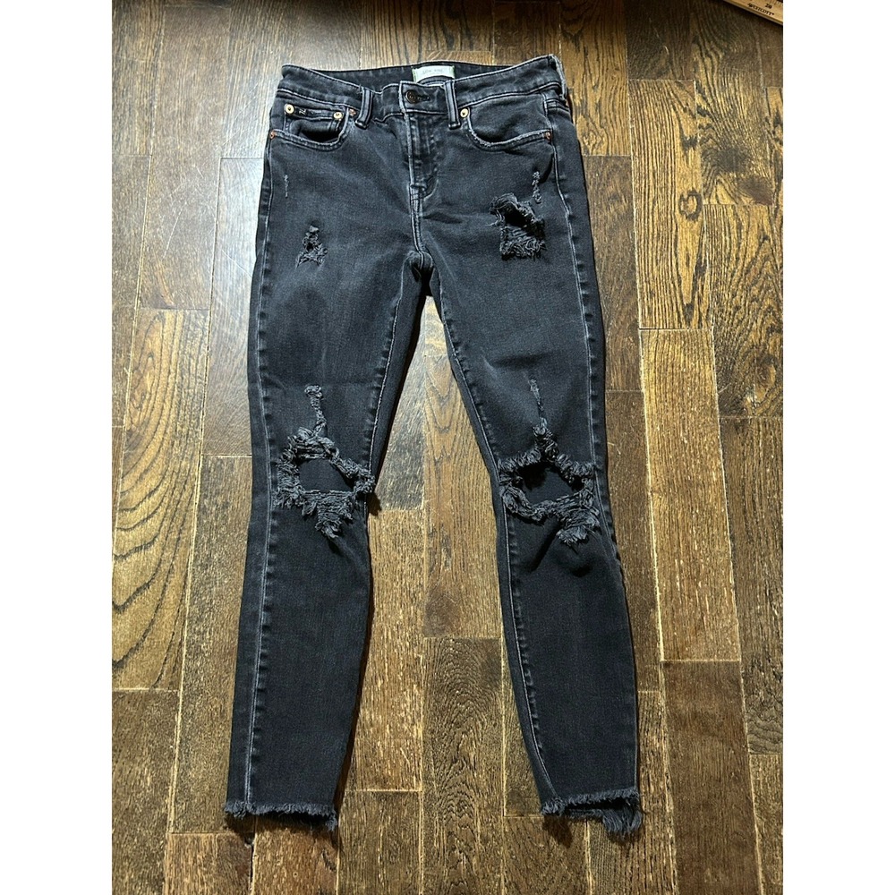 American Eagle Jeans Womens 4 Black Distressed Stretch Low Rise Jegging Raw Hem